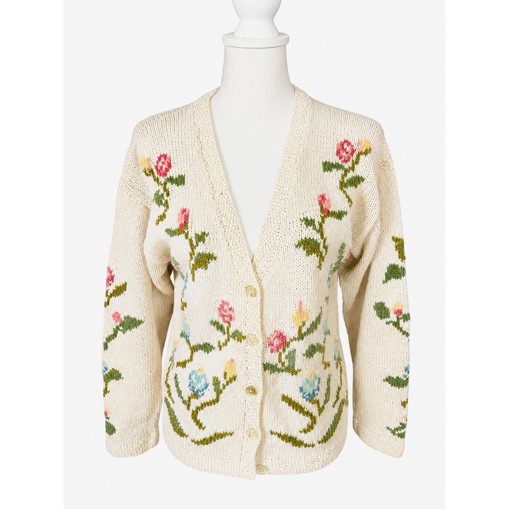 Lands' End Vintage Cream Floral Button Front Cardigan Sweater Women's M Grandma